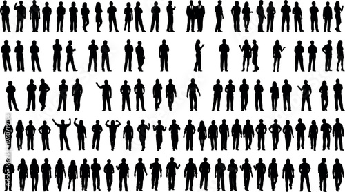 People silhouettes vector illustration with diverse stances and gestures, black artwork symbolizing posture, body language, and social themes