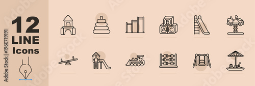 Playground park set icon. Line icons with castle tower, stacking rings toy, climbing bars, alphabet blocks, slide, spring rider car, seesaw balance, playground slide set, toy train