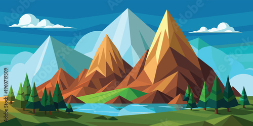 A beautiful geometric vector illustration featuring majestic mountains and a peaceful blue lake