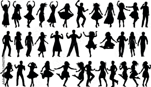 Vector illustration of dancing human silhouettes, diverse energetic poses, expressive movement, male and female figures, creative artwork design