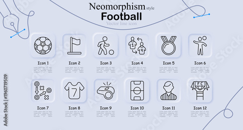 Football sport set icon. Line icons with ball, flag, player, substitution arrows, medal, athlete, tactic board, jersey, whistle, field layout, referee, trophy celebration