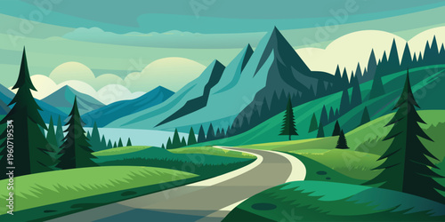 A serene winding road leading through a lush green valley toward majestic jagged mountain peaks