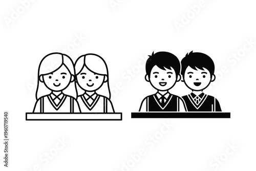 Two Students Icon Set: Outline and Solid Styles for Education and Friendship