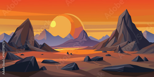 A vast and desolate alien planet landscape featuring sharp rocky mountains under a giant sunset sun