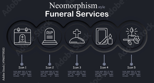 Funeral services set icon. Memorial calendar ceremony, gravestone rip, cemetery cross hill, condolence frame candle, memorial candle flower, mourning ritual, burial remembrance