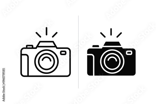 Camera Icon Set: Flash Photography Symbol in Outline and Solid Styles for Media