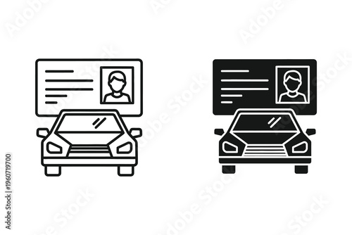 Driving License and Car Icon Set: Outline and Solid for Automotive and ID Concepts