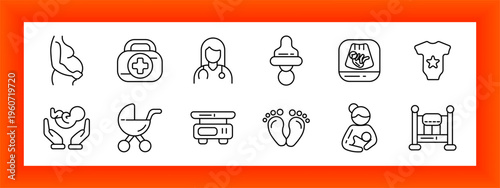Pregnancy medical care set icon. Pregnant belly, medical kit, doctor figure, pacifier, ultrasound screen, baby clothes, holding infant, stroller cart, baby bed, footprints, mother