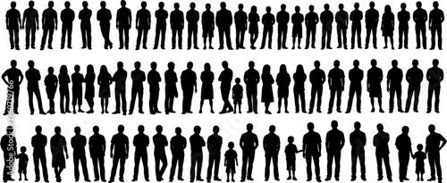 Vector illustration of diverse human silhouettes, adults and children in social poses, unity and interaction, creative artwork design
