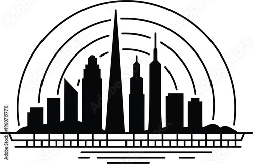 Detailed city skyline silhouette featuring diverse skyscraper shapes and arched line background