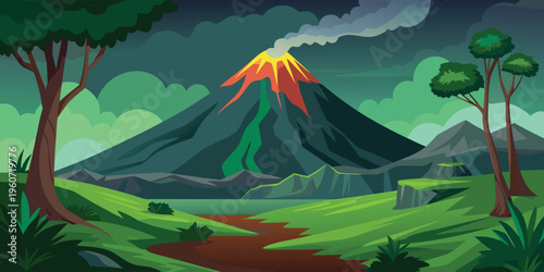 A minimalist flat vector illustration of majestic blue mountains under a large glowing full moon