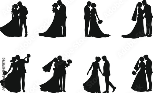 Romantic bride and groom silhouettes collection, wedding couple poses vector illustration, love celebration artwork, marriage ceremony icons showcase