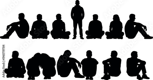 Seated and standing posture silhouette icons vector illustration with black design, human body symbol artwork, social concept element