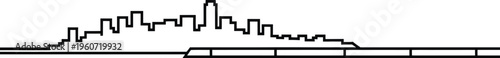 Linear urban landscape silhouette featuring city buildings and train tracks in flat line style