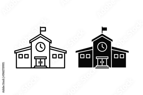 School Building Outline and Solid Icon Set - Education and Learning Vector