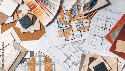 architect Eco retrofit planning with blueprints, material swatches and finish samples, sustainable renovation budget and healthy material selection concept for honest architectural design.