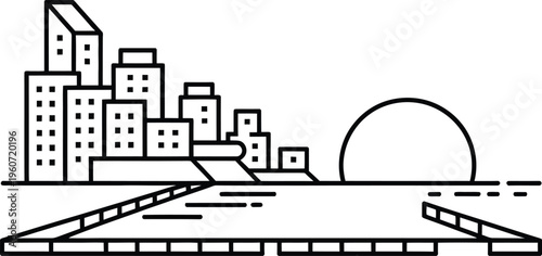 Modern city skyline vector illustration with geometric buildings sun and coastal harbor view