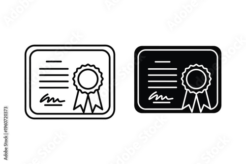 Certificate and Diploma Award Icon - Outline and Solid Achievement Document Symbol, Graduation