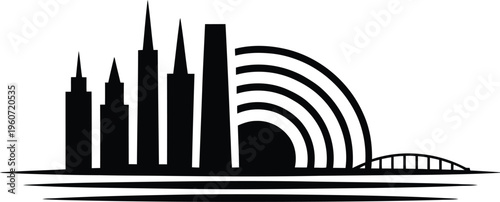 Solid black silhouette city skyline illustration with arched bridges and circular sun motif