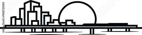 Stylized city buildings and an abstract arch creating a unique urban silhouette