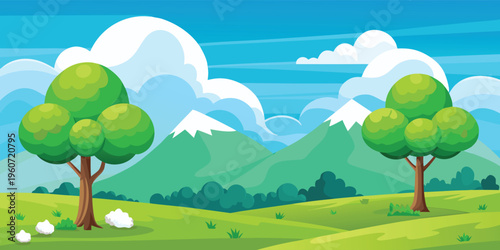 A vibrant cartoon landscape featuring two lush green trees under a bright blue sky with mountains