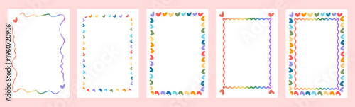 Rainbow heart frame set with retro doodle borders. Colorful hand-drawn wavy lines and heart icons with copy space. Funky whimsical templates for pride events, party invites, social media. Vector art.