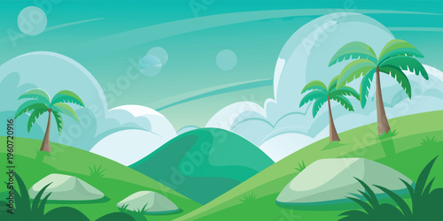 A serene tropical landscape illustration with lush green hills and palm trees under a bright sky