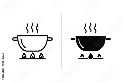 Boiling Pot on Stove Top Icon: Cooking Food with Steam in Kitchen
