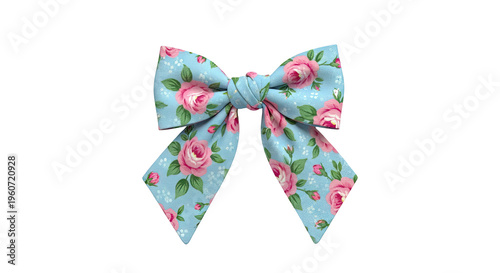 Blue Fabric Bow with Pink Roses Pattern