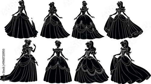 Woman silhouette icon vector illustration with decorative design, elegant gown artwork, creative princess composition, ornamental background pattern