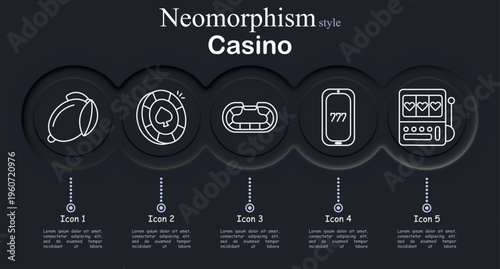 Casino gambling set icon. Lemon slot symbol, poker chip spade, casino roulette table, mobile slot machine, jackpot slot reels, betting entertainment concept