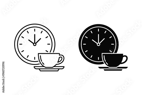 Coffee Time & Clock Icon: Morning Drink or Break Time Schedule Symbol