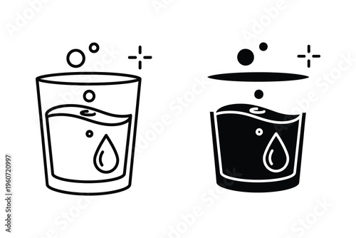 Clean Water Glass Icon with Liquid Drop and Bubbles