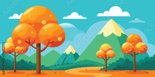 A vibrant digital illustration of a peaceful autumn landscape with mountains and orange trees