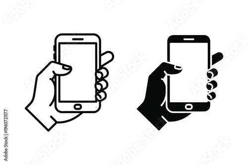 Hand Holding Smartphone Line and Glyph Icon Set - Mobile Phone Interaction