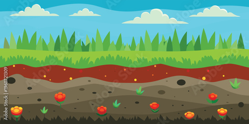 A colorful cartoon landscape illustration showing a cross section of earth with grass and flowers