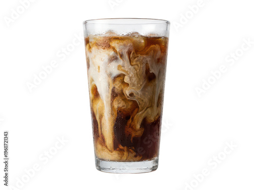 Creamy milk swirls into cold dark espresso inside a tall glass isolated transparent background image