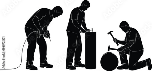 Set of male worker silhouettes using hand tools, electric drill, and hammers, industrial laborers performing manual repair work isolated on white.