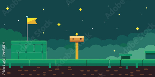 A serene night scene featuring a pixel art platformer level design with a flag and wooden signpost
