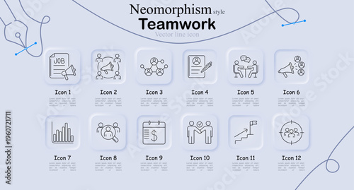 Teamwork set icon. Job, communication, network, resume, discussion, announcement, analytics, search, calendar, agreement, career growth, target group, business collaboration
