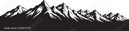 Black and white mountain range landscape, snowy peaks silhouette, vector illustration, scenic view border