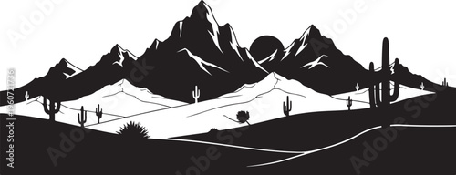 Desert landscape, black silhouette, mountain range, cactus icons, vector illustration