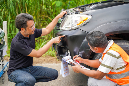 Closeup cars insurance company officers post a list of repairs on work list clipboard and driver point out the damage on his car