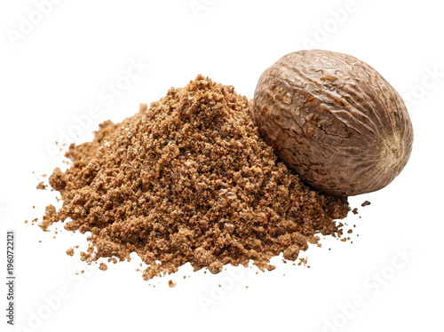 Foto Fragrant brown nutmeg seed sits by a rich heap of ground spice isolated transpar
