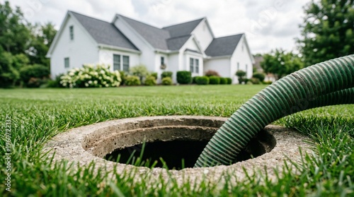 indicating sewer maintenance pump operation and wastewater removal Green suction hose inserted into uncovered manhole on residential lawn residential underground tank to ensure proper waste management