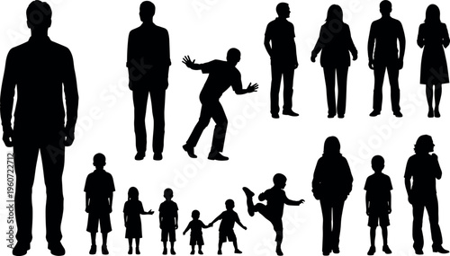 Vector illustration of human silhouettes in family and social poses, adults and children, diverse gestures, modern creative artwork design