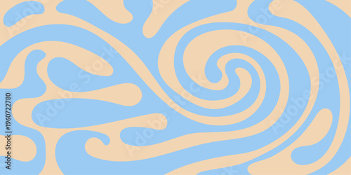 Abstract background pattern with colorful waves in pastel blue and cream colors. Swirl water wave in retro 60s, 70s style. Vector illustration 