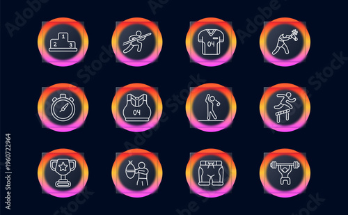 Sport icon. Winner podium, javelin throw, team jersey, tennis player, stopwatch timer, training top, golf swing, hurdle jump, champion trophy, boxing practice, athletic shorts, weightlifting barbell