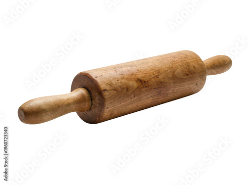 Old worn brown wood rolling pin with grain and twin handles isolated transparent background image