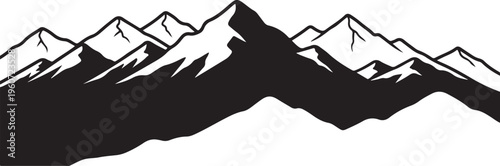 Black mountain range silhouette, vector landscape icons, snow-capped peaks, graphic design elements